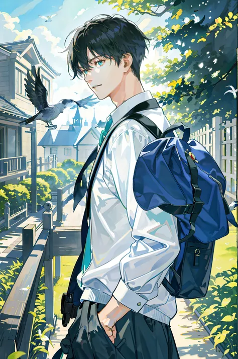 masterpiece, best quality, 1boy, male focus, handsome, residential area, fence, spindle trees, afternoon sun, the way home from school, school uniform, backpack, flock of birds, from directly side, depth of field