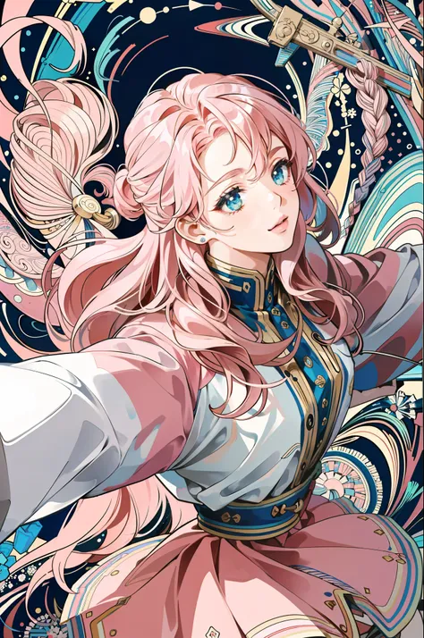 ((masterpiece:1.2, best quality)), ultra detailed, Ultra-precise depiction, Ultra-detailed depiction, (zentangle:1.2), (dynamic pose), (abstract background:1.5), wavy long hair, pink hair, 1girl, colorful, portrait, (from above:1.2)