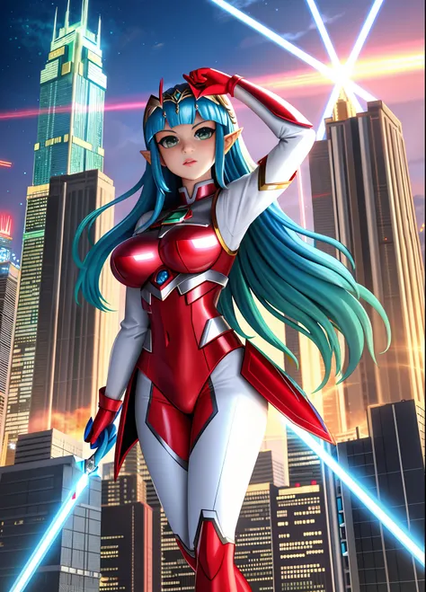 Full body image, standing, Princess Zelda giant, (red with silver costume:1.5), as Ultraman, immensely large breasts1, very tight body suit, heavy makeup on her face, light blue jewel on the breastplate, helmet on head, red lipstick on her mouth, (she gree...
