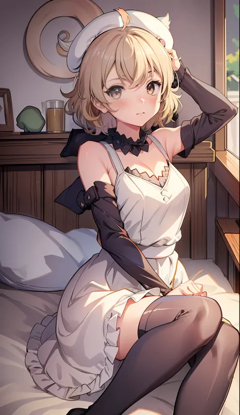 (iwanagadress:1.2), (iwanagakotoko:0.9),(beret:1.8), embarrassed,
iwanaga kotoko, 1girl,
a girl laying down on a bed, 1girl, ultra detailed, high quality, indoors, bedroom, bed, cute, blushing, beautyful face, beautyful body, white dress, blonde hair, sh...