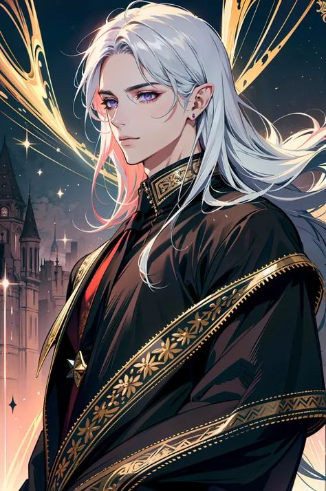 (absurdres, highres, ultra detailed), 1 male, adult, handsome, tall muscular guy, broad shoulders, finely detailed eyes and detailed face, pastel red color long hair, fantasy, complex pattern, detailed face, demon wings, lens flare, colorful, black clothes...