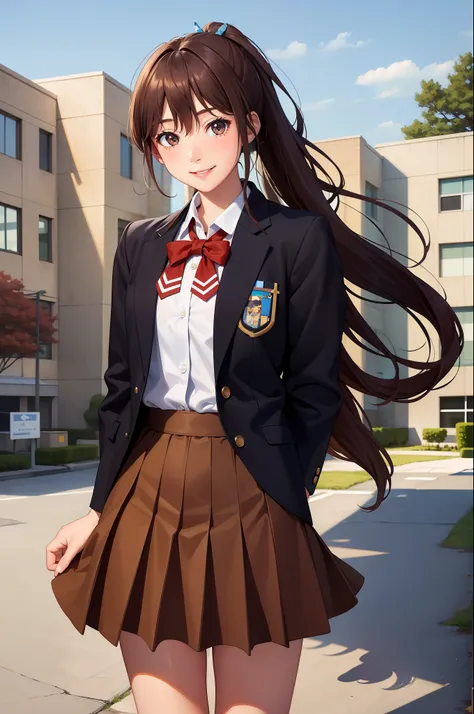 (masterpiece, best quality:1.2), cowboy shot, 7girls, ocs, sisters, smile, looking at viewer, arms behind back, brown hair, curly hair, ponytail, school uniform, jacket, skirt, kneehighs