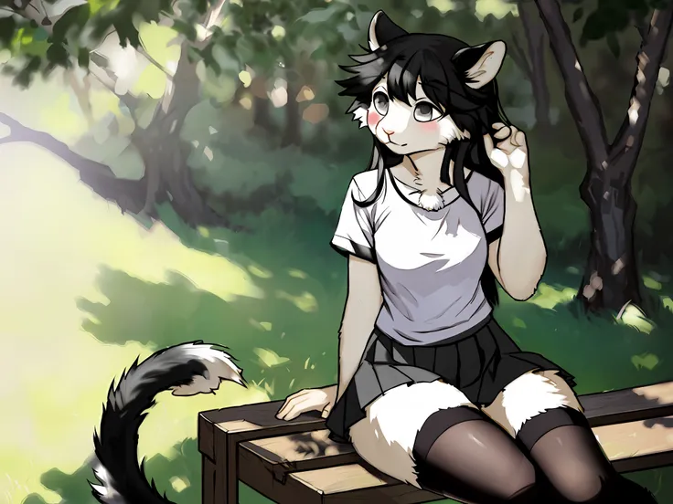 uzumaki himawari, black hair, messy hair, black thighhighs, grey eyes, plain t-shirt, long hair, skirt, thighhighs, himawari, anthropomorphic, cat, fur, white fur, solo, big eyes, female, masterpiece, best quality, thin tail, black fur, smooth tail, cat tail, by hioshiru, snowskau, foxovh. impasto impressionism, by Michael & Inessa Garmash, Ruan Jia, Pino Daeni, detailed background, nature background, sitting, furry thighs, blush