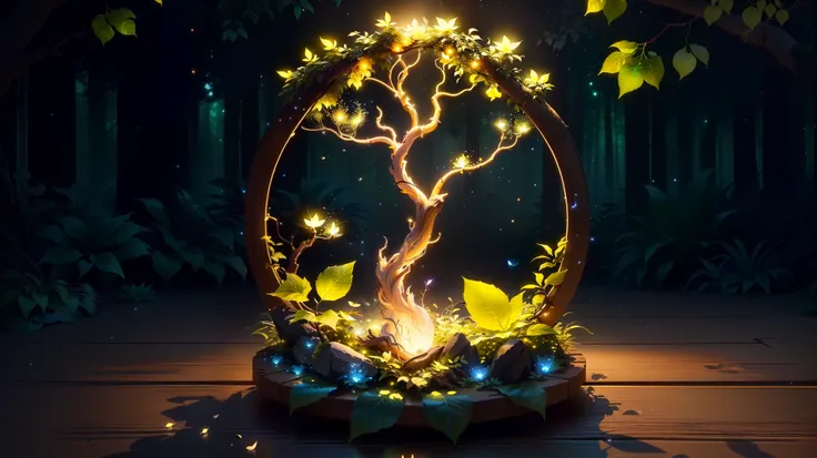 Masterpiece, best quality, (ultra-fine CG unity 8k wallpaper), (best quality), (best shadow), UI interface framework design uses natural elements of a jungle theme. The avatar frame is designed in a circle, surrounded by delicate leaves and branches, and there are also fireflies and glowing particle effects, (UI interface frame design), (natural elements), (jungle theme), (round shape), (leaves), (branches), (fireflies), (glow), (particle effects). , isometric 3d, octane rendering, ray tracing, super detailed