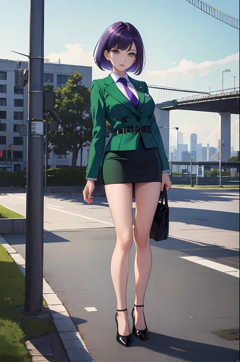 ((masterpiece)), ((best quality)), highres, 1girl, solo, green suit and tie, pencil skirt, miniskirt, bare legs, matching shoes,...