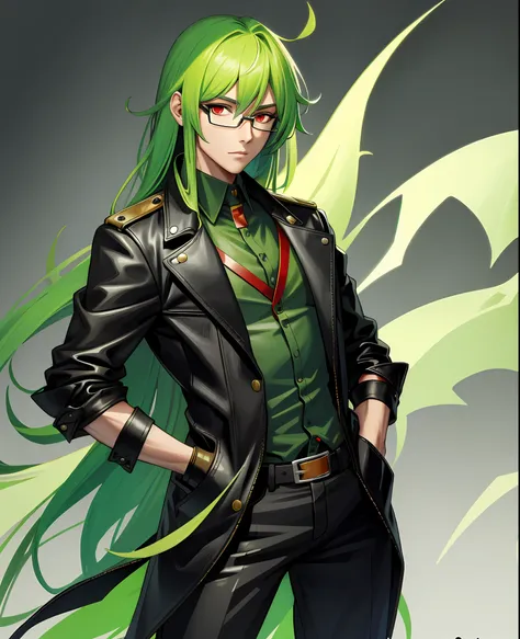 man, glasses, long green hair, red eyes, leather clothes, hand in pocket