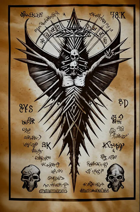 (Necronomicon Sketch:1.1),a archangel holding a skull and a bible (object), seven-pointed stars (symbol) on top, the Great ultimate on back,sanskrit,fire,blood,by atbgams,(masterpiece,best quality,official art,extremely detailed CG unity 8k wallpaper:1.4),...