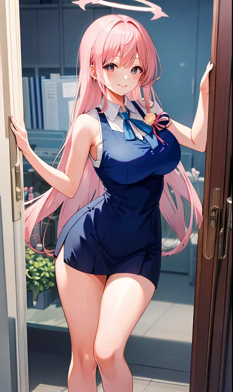 ((masterpiece, best)), (1girl), (mature woman), light pink hair, halo, trumpet, ((office lady)), bangs, big breasts, (full), slim, smile, [wide hips], bedroom, standing, aru  (blue file),