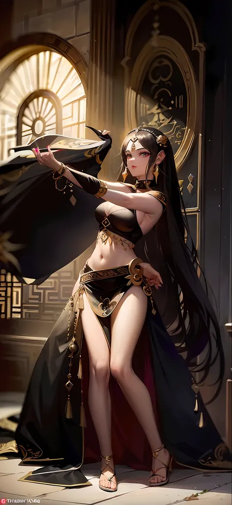araffe belly dancer in a black dress with a fan, she is dressed as a belly dancer, gracefully belly dancing pose, belly dancing, full body xianxia, tai costume, aesthetic!!!!!! female genie, by Yang J, a beautiful fantasy empress, beautiful costume, trendi...