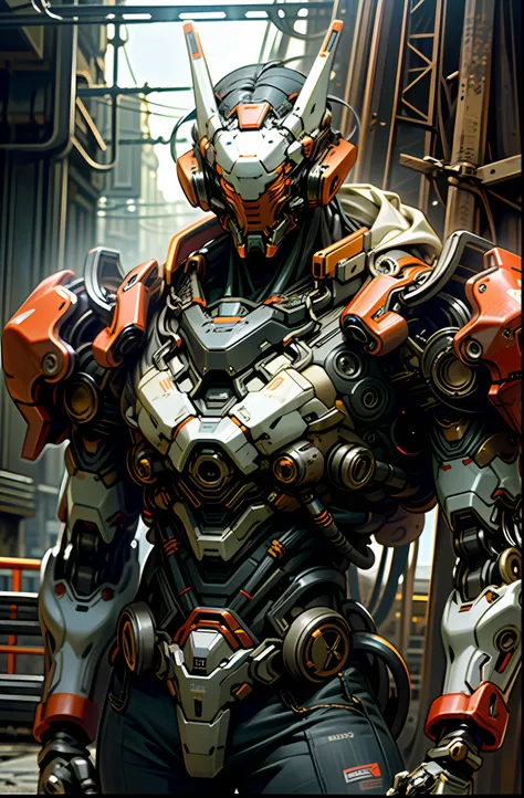 dark_fantasy,cyberpunk,(chain saw,chain saw man,red:1.1),1man,mechanical marvel,robotic presence,cybernetic guardian, wearing a ...