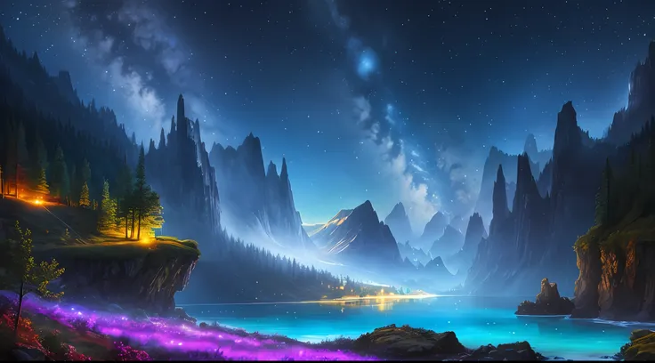 best quality, masterpiece, beautiful wild and natural fantasy landscape with glowing lights