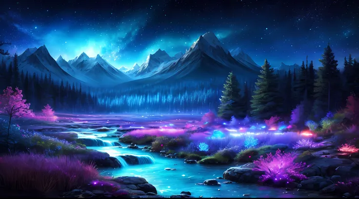 best quality, masterpiece, beautiful wild and natural fantasy landscape with glowing lights