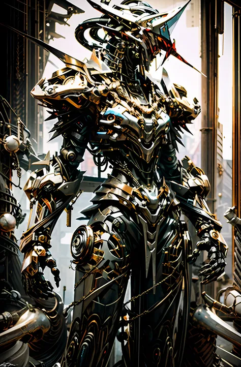 Dark_Fantasy,Cyberpunk,(chain saw,chain saw man,Red:1.1),1man,Mechanical marvel,Robotic presence,Cybernetic guardian, wearing a worn-out mech suit, intricate, (steel metal [rusty]), elegant, clear focus, shot by greg rutkowski, soft lighting, vibrant colors, masterpiece, ((street)), cowboy shot, dynamic pose,