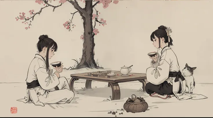 (masterpiece, best quality: 1.2), traditional chinese ink painting, two children drinking tea