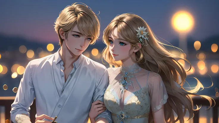a high resolution, couple woman and man smiling, (masterpiece:1.2, best quality), 2 people, blonde girl with green eyes, handsome man with brown hair and brown eyes, (beautiful detailed faces), (detailed beautiful eyes: 1.2), (detailed 8k wallpaper, master...