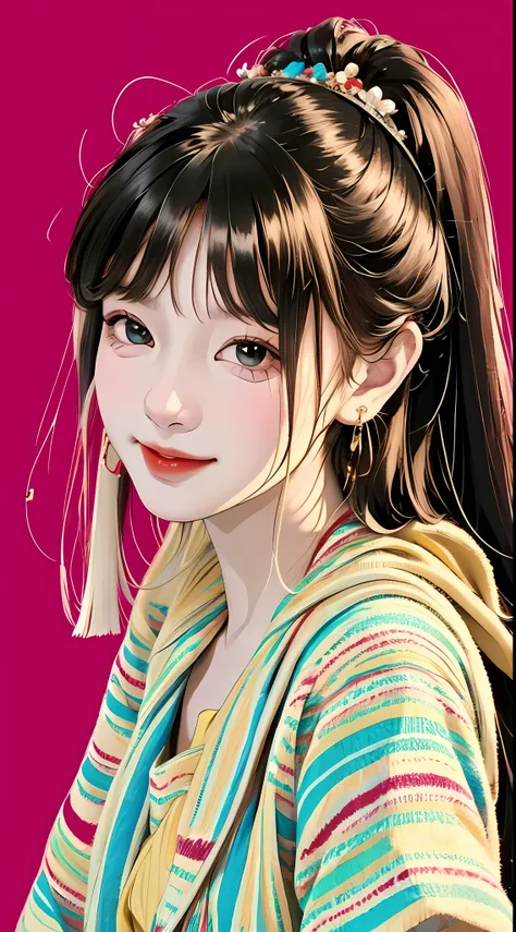 A cute girl with random hair, messy, earrings, street style, carefree look, solid color background, light smile, simple background, minimalist
