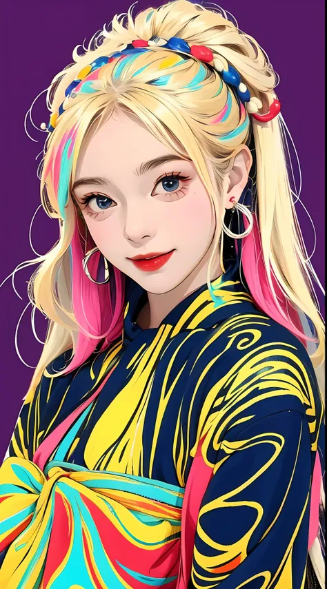 A cute girl with random hair, messy, earrings, street style, carefree look, solid color background, light smile, simple background, minimalist