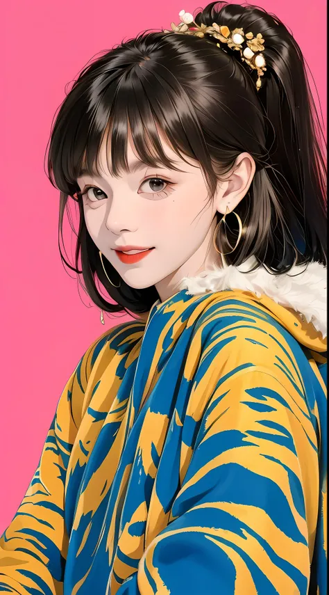 A cute girl with random hair, messy, earrings, street style, carefree look, solid color background, light smile, simple background, minimalist