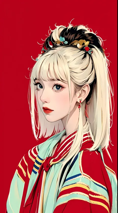A cute girl with random hair, messy, earrings, street style, carefree look, solid color background, cold expression, simple background, minimalist, evil