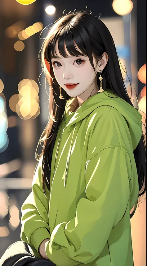 A cute girl with random hair, messy, earrings, street style, solid color background, cold expression, simple background, minimalist, crazy smile, facing the camera, looking at the audience