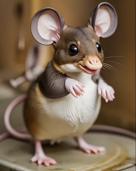 selfie photo of a duck-shaped mouse in real life, full body, (close-up of mouse head), rat ears, rat teeth, rat open mouth, feet...