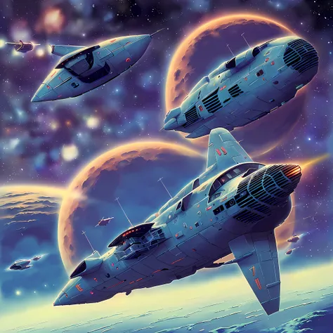 (Cinematic anime screencap, limited palette, :1.3) of (Ultra detailed: 1.3), (best quality, masterpiece, highly detailed, ultra-detailed, (Photo style: 1.2) of a (futuristic military spaceship: 1.3) , (80s style: 1.2), 1980, (retro: 1.2), dramatic, spacesh...