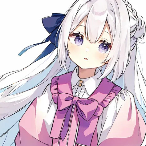 masterpiece, 1girl,solo,best quality, pink clothes, [white hair:pink hair:20],long hair,upper body, hairclip, light purple background