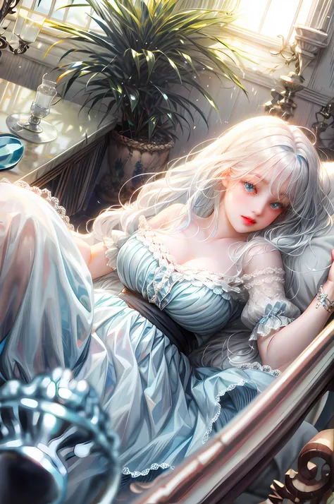 Chubby doll white hair with fringe and blue eyes lying in a clear glass jar
