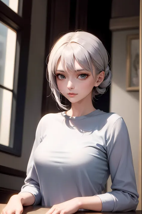 masterpiece, exquisite, 1 woman, upper body, gray hair, bright eyes, shirt,