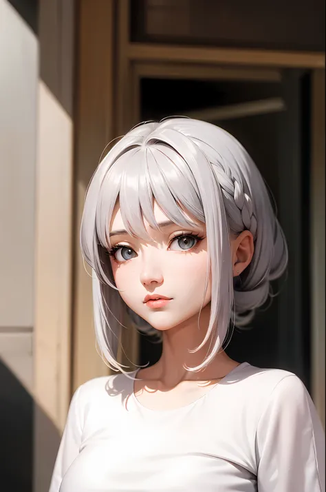 masterpiece, exquisite, 1 woman, upper body, gray hair, bright eyes, shirt,