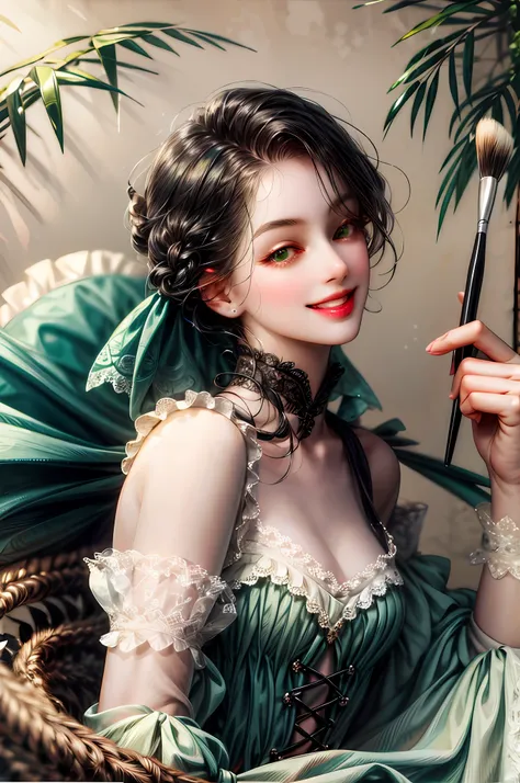 Doll with medium black hair and green eyes, free, charming smile, with brushes is an artist, coquettish and seductive appearance and bold, brave, determined