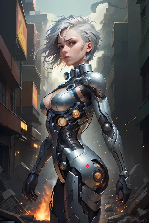 (mechanical parts: 1.5), fighting, bright eyes, short silver hair, tight torn supersuit, in a night shattered city, smoke and fire, aura of brilliant power, dynamic pose, dynamic vision