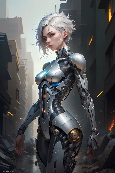 (mechanical parts: 1.5), fighting, bright eyes, short silver hair, tight torn supersuit, in a night shattered city, smoke and fire, aura of brilliant power, dynamic pose, dynamic vision