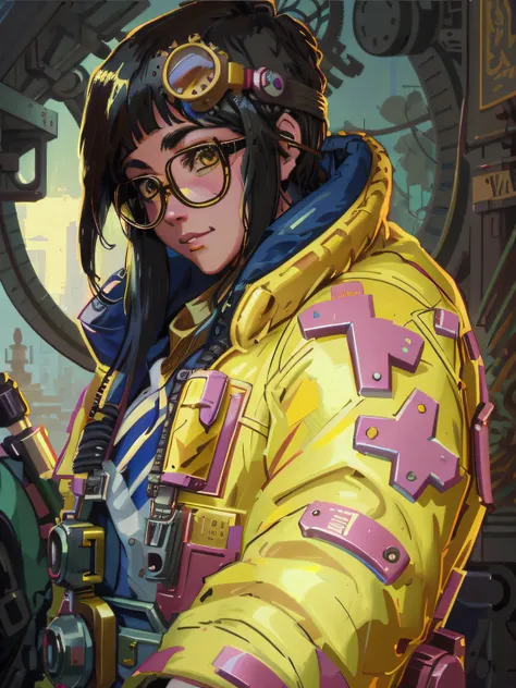 a portrait of kljy, yellow jacket,  with a steampunk setting, highly detailed, with intricate machinery and accessories, in the ...