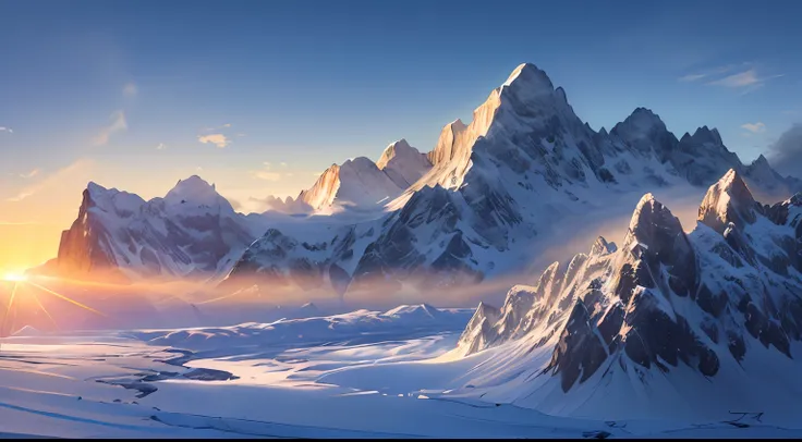 ((masterpiece, best quality, ultra detailed, ultra high resolution, detailed background)), sunrise, snowy mountains, ice floes, ...