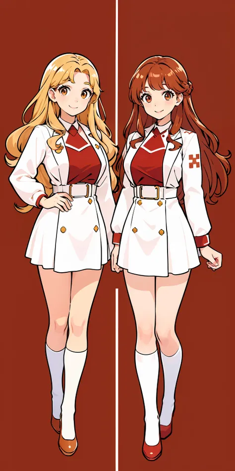Woman, brown hair, curly hair, long hair, hazel eyes, extremely detailed, smile, nurse uniforms, white uniforms, red high heels, same color outfits, full body shot, ((matching outfits, identical outfits)), brown hair, blonde hair, different hair colors, tw...