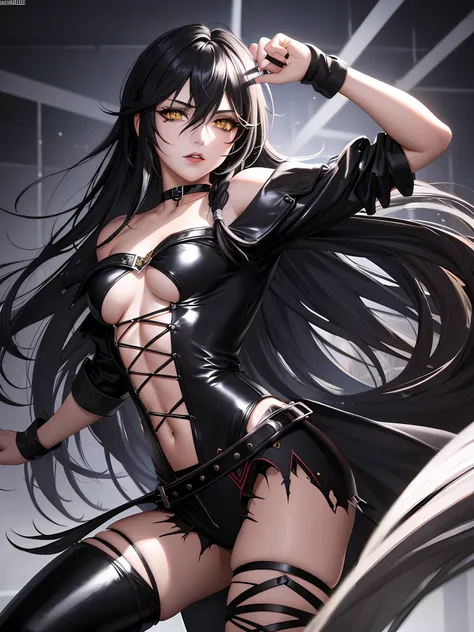 masterpiece, ultra high quality CG, best quality, perfect picture, solo, Velvet Crowe (yellow eyes, white skin, messy black hair too long, choker, small breasts, lipstick, makeup, eyeliner) dancing in a nightclub wearing latex clothes