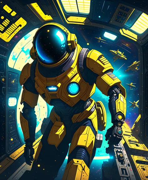 Retro space captain giving commands to the crew on the spaceship. comic art. Comic book cover art. Photorealistic ink art. Technological science fiction. Awesome maximalist yellow space robot with laser gun., 8k, best quality, high quality, textured skin -...