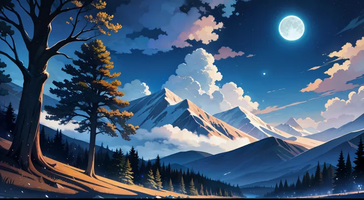 forest, mountains, rivers, clouds,moon, starry sky masterpieces, hd, high quality, best quality, highres, high quality, high det...