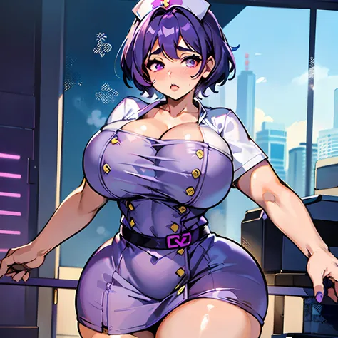 anime girl, big butt, huge breasts, big hips, curvy girl, fleshy lips, soft skin, short hair, purple and blue hair, thick legs, ...