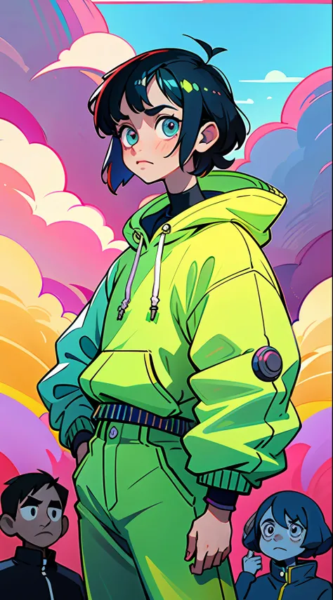 (Best quality, masterpiece), a girl, a little boy, a middle-aged man, cyberpunk, sweatshirt, neon, cloudy sky, (cartoon: 1.5)