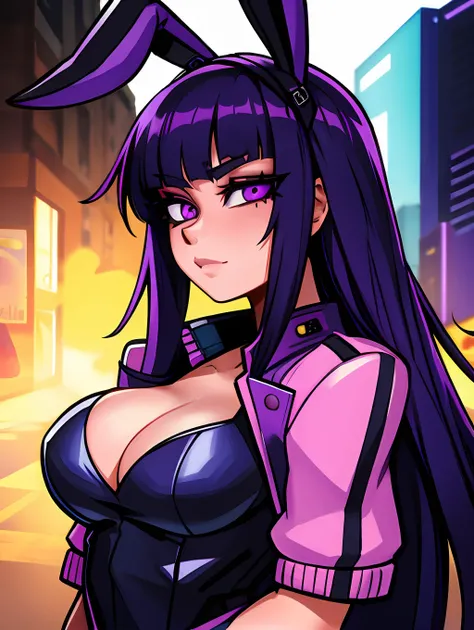 cyberpunk bunny girl with a leather jacket and purple bunny ears, purple bangs long hair