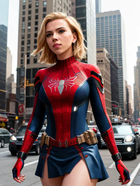 Scarlett Johansson in  a spider-man suit, sexy, (mini skirt:1.1), belt, deep neckline, cheeky smile, in new york, shot on dslr, detailed face, big hips, amazing body, amazing legs, cinematography, maximum details, neutral colors, hdr, muted colors, soft cinematic light, insane details, intricate details, hyperdetailed,erected, ass, panties
