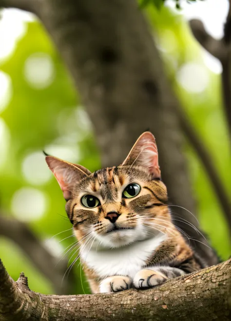 a cat that is sitting on a tree branch, cat is smiling, funny cat, happy cat, scratching pole, cat photography, realistic, hyper...