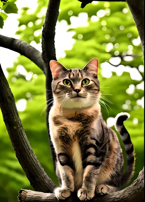 a cat that is sitting on a tree branch, cat is smiling, funny cat, happy cat, scratching pole, cat photography, realistic, hyper...