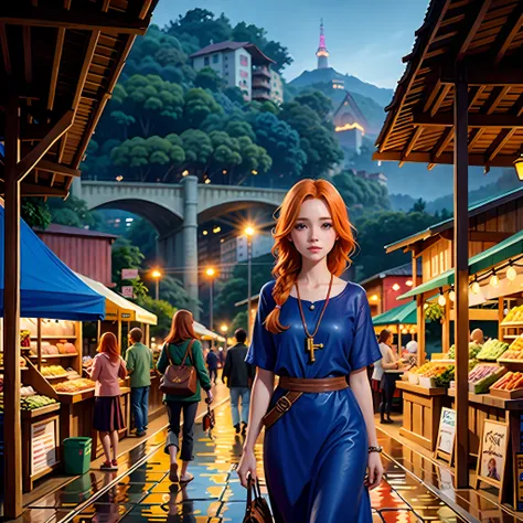 young ginger woman, post-impressionism,  anime key visual,  landscape of a wet street market  and biophilic tanzanian bridge, at...