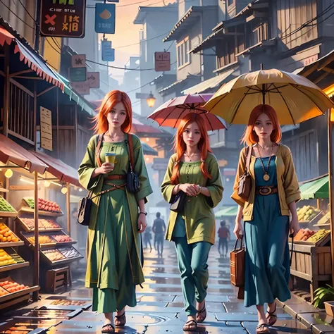 young ginger woman, post-impressionism,  anime key visual,  landscape of a wet street market  and biophilic tanzanian bridge, at...