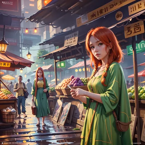 young ginger woman, post-impressionism,  anime key visual,  landscape of a wet street market  and biophilic tanzanian bridge, at...