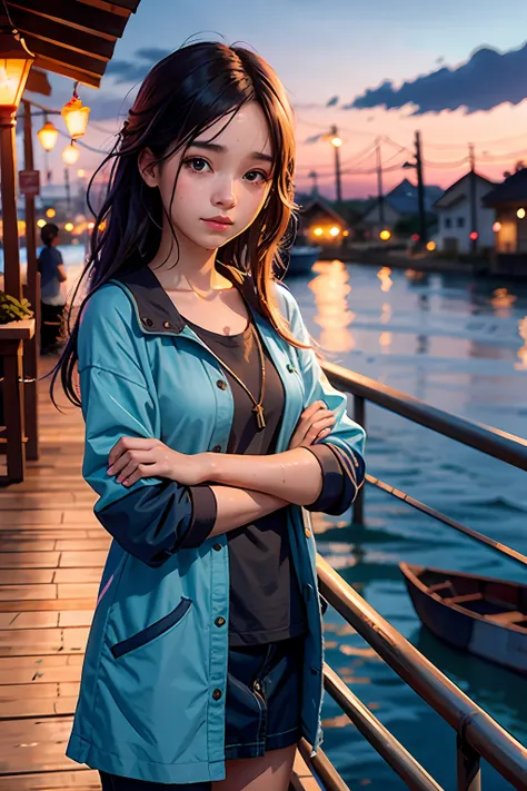 1girl, post-impressionism,  anime key visual,  landscape of a wet stupid fish market  and biophilic tanzanian bridge, at twiligh...