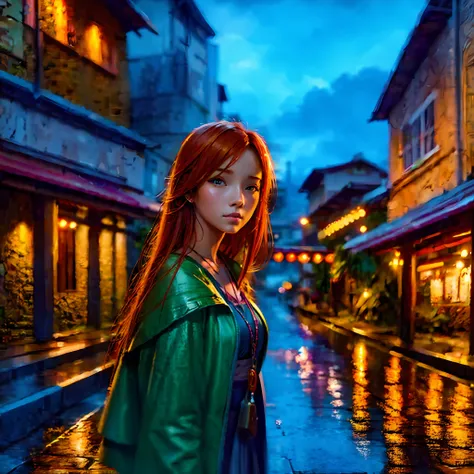 young ginger woman, post-impressionism, anime key visual, landscape of a wet street market and biophilic tanzanian bridge, at tw...